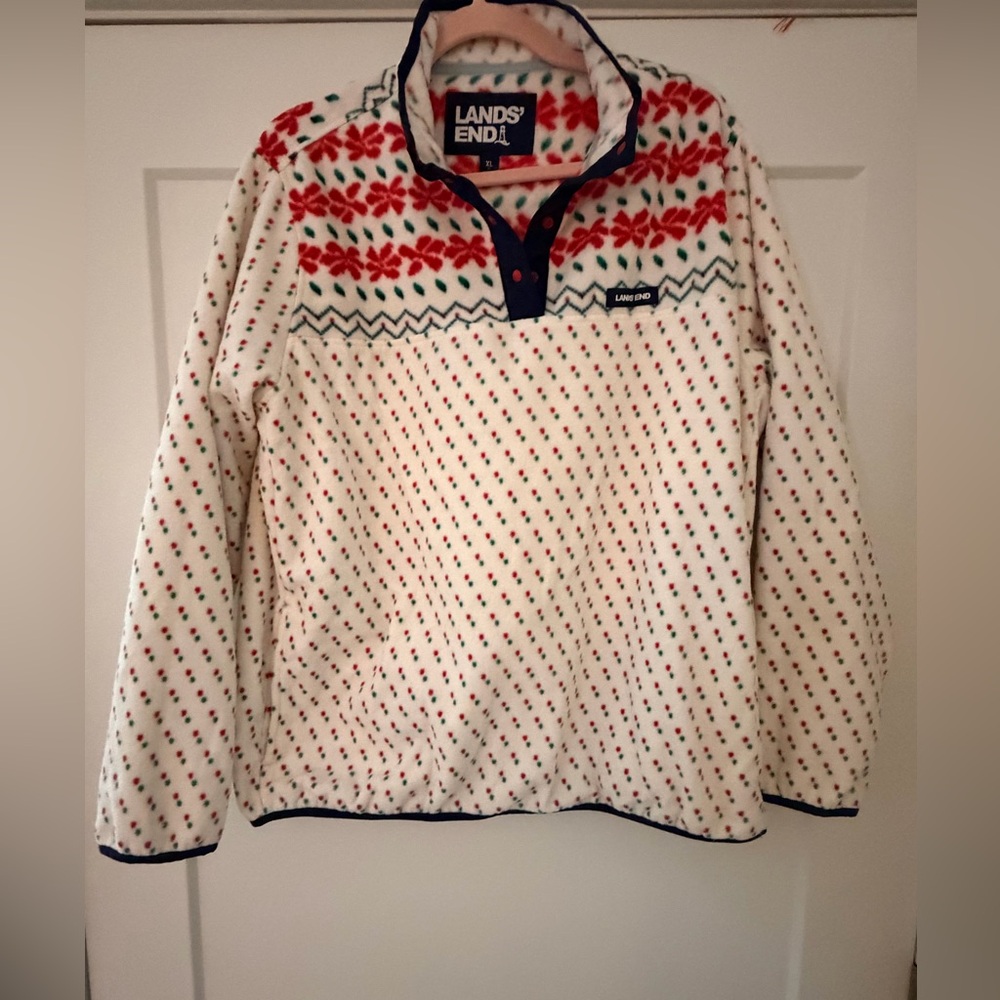 Lands' End Festive White and Red Patterned Fleece